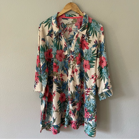 Cuddl Duds Crepe Knit Caftan Tunic Coastal Coral Floral Pink Size 1X - Picture 5 of 13